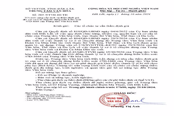 MỜI CUNG CẤP DỊCH VỤ THẨM ĐỊNH GIÁ ĐỐI VỚI XE Ô TÔ CHUYÊN DÙNG BIỂN KIỂM SOÁT 47D-1664 CỦA TRUNG TÂM VĂN HÓA TỈNH